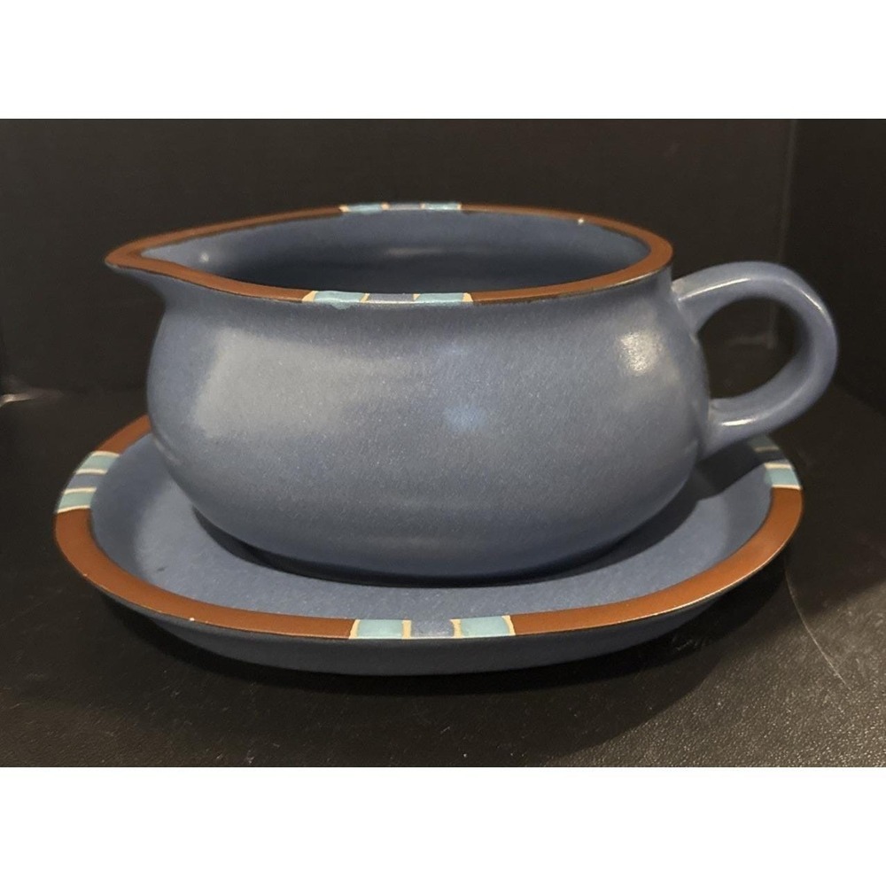 Dansk Mesa Sky Blue Stoneware Gravy Boat Bowl with Under Plate Southwestern